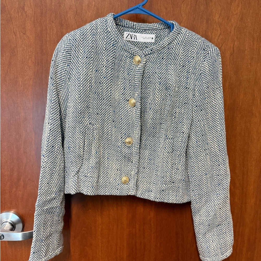 Zara Women's Blue and White Blazer/Jacket